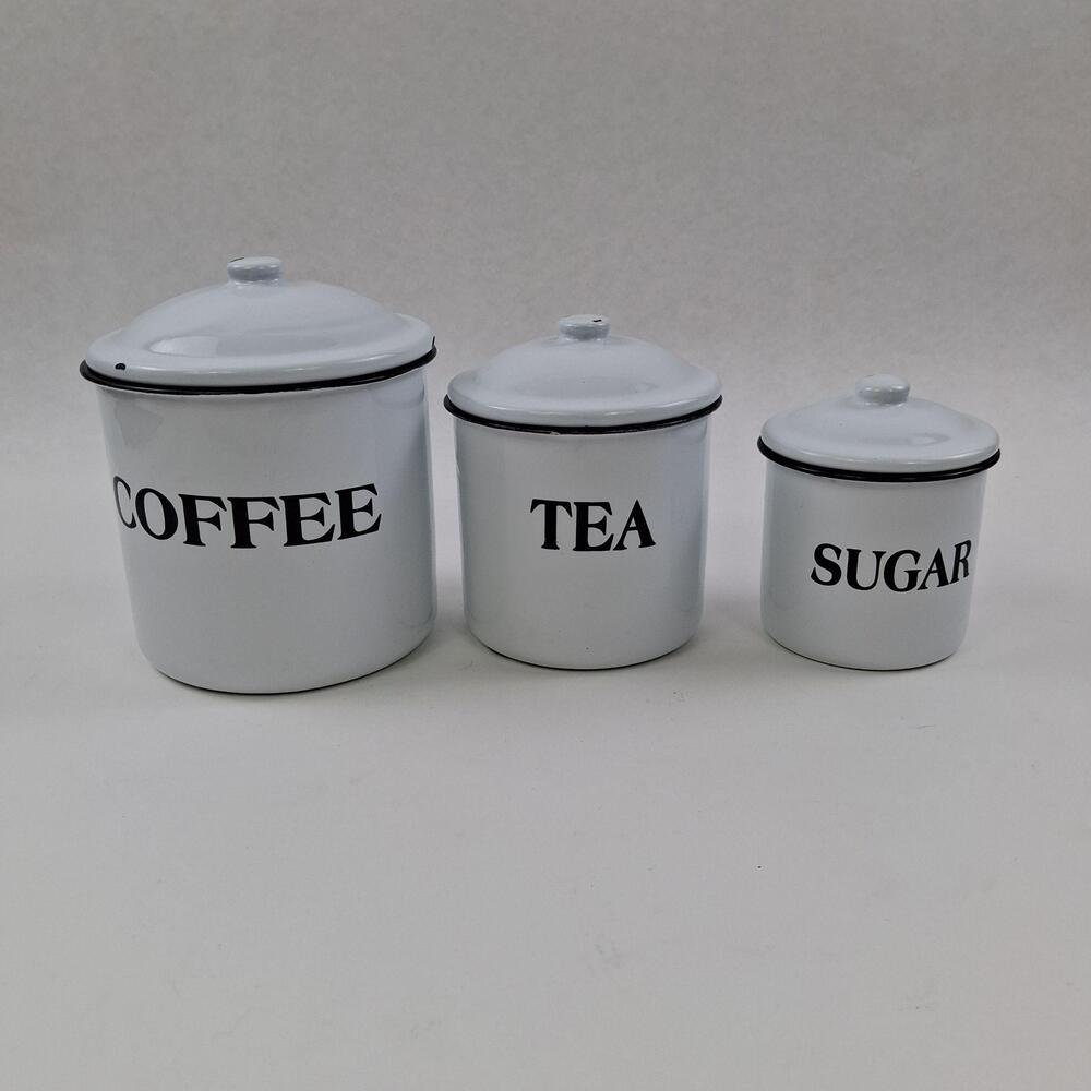 Creative Co-Op Enamel Coffee Tea Sugar Canister Set 3pc White Metal Lid Retro